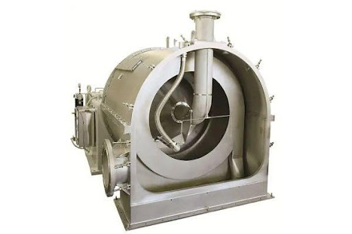 Large stainless steel industrial centrifuge for gas liquid solid separation on white background.